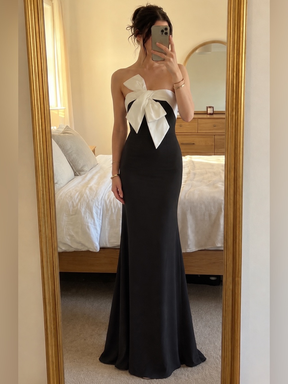 NWT Adrianna Papell Bow Front Knit Crepe Evening Gown Ivory Black Size 8
